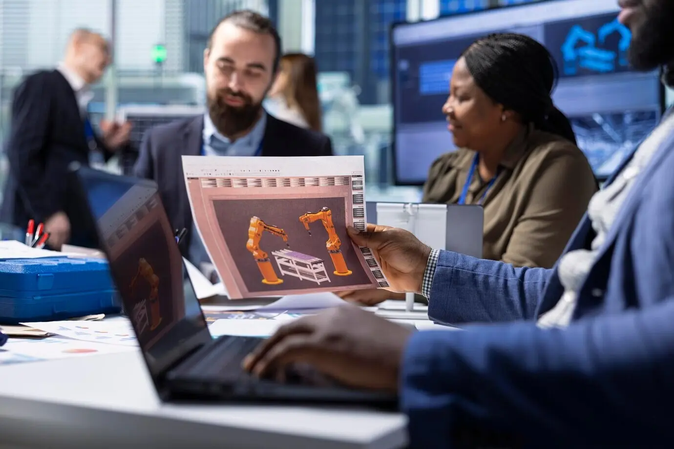 Gerentes de fábrica revisan planos mientras planifican mejoras de la instalación usando una computadora portátil.